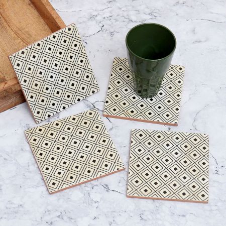Modern Black & White Pattern Wooden Coasters - Pack of 4
